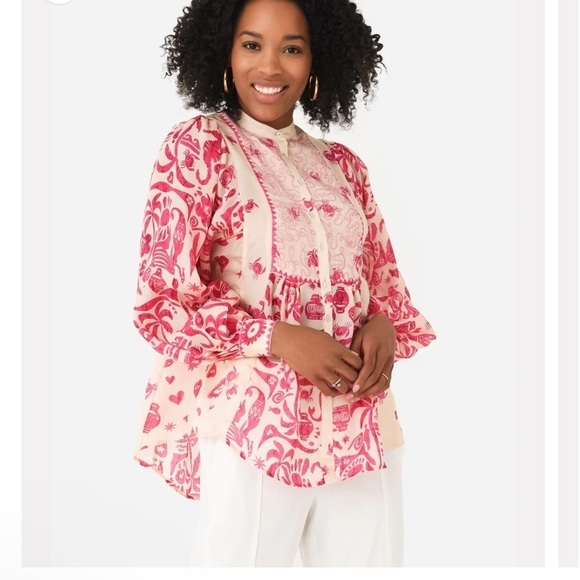 NWT Alemais Esmerelda 100% Silk Eye Printed Fuchsia Pink Button Up Blouse US 0 - Picture 1 of 15